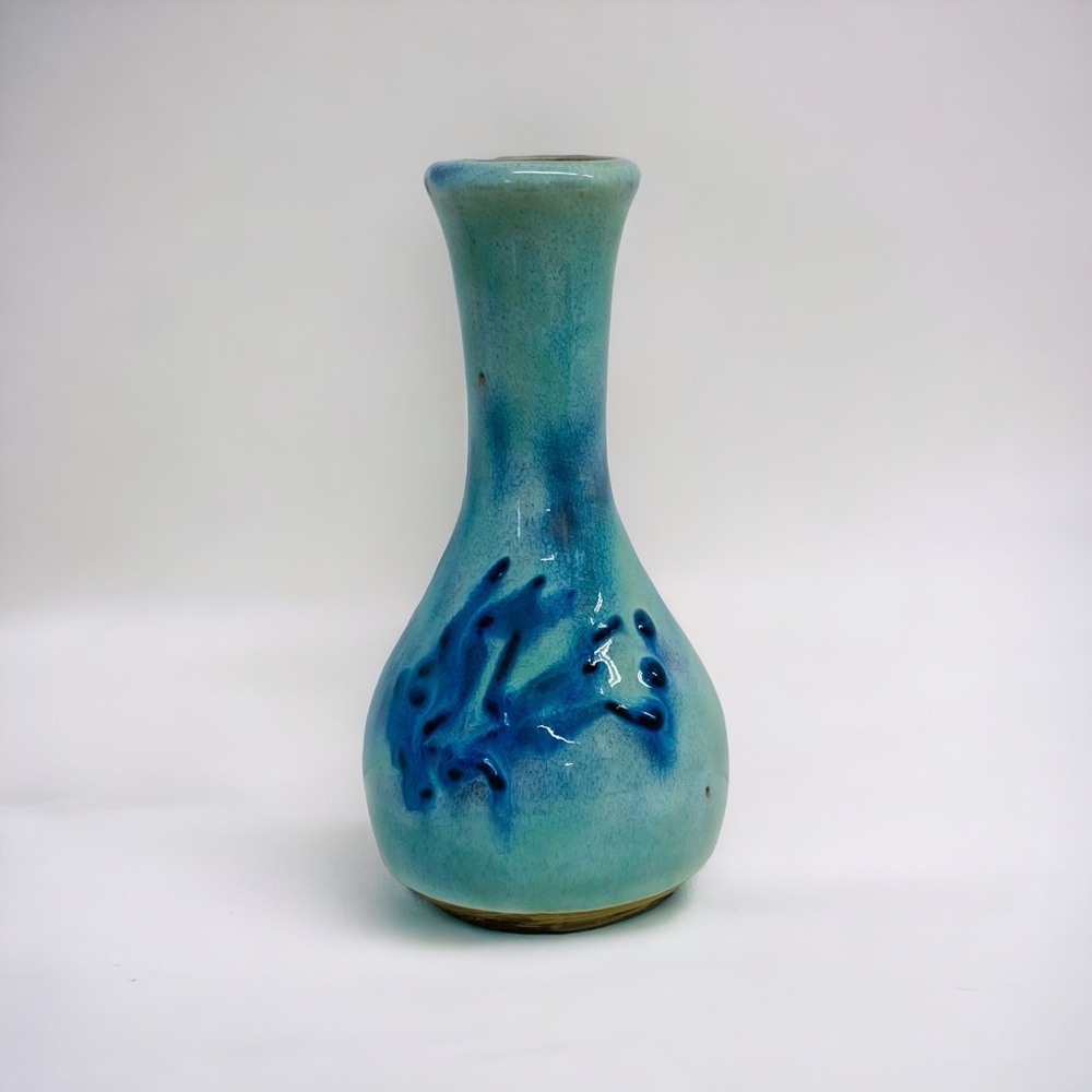 Earthworks Barbados Studio Art Pottery Small Bud Vase Blue  5.25” Home Decor Vtg